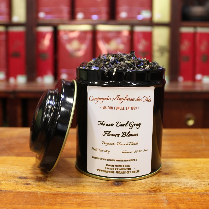 Thé BERGAMOTE - Thé noir EARL GREY FLEURS BLEUES en boîte - Compagnie Anglaise des Thés